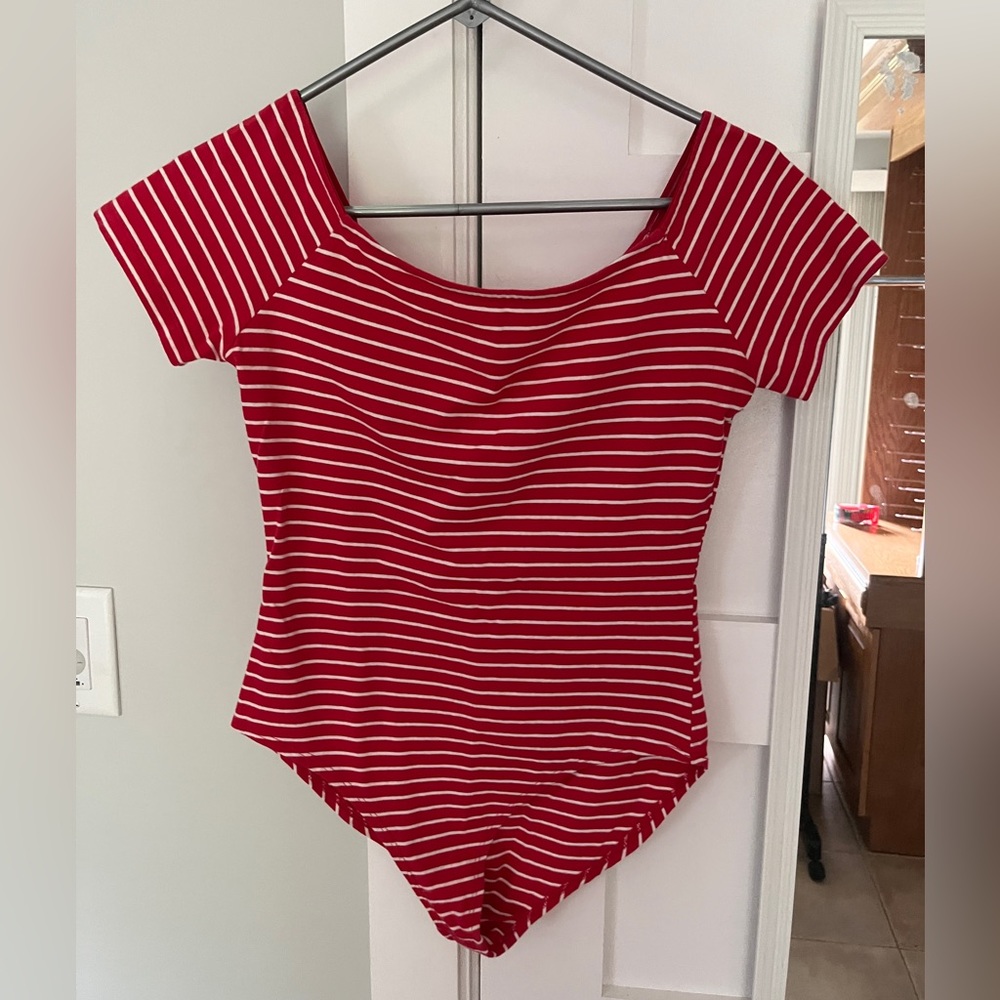 Red and White striped square neck bodysuit